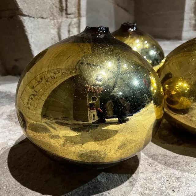 AMBIANIC presents Vintage 1960s Mexico Mercury Glass Three Gold Globes Gazing Ball Spheres 10 tall x Biggest 10 diameter...
