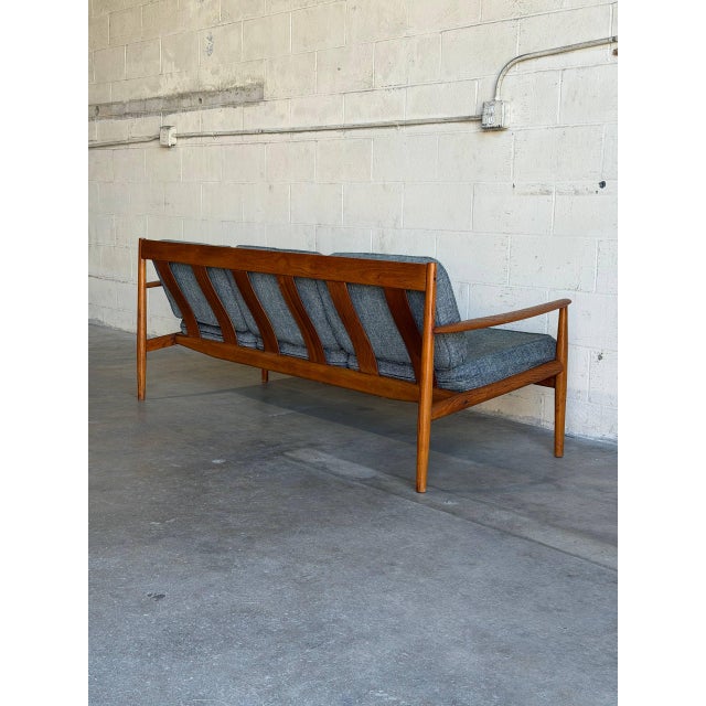 Mid-Century Modern In Style of France and Son Cado Sofa Model 56 Couch Grete Jalk Teak Wood Grey Upholstered Denmark Mid-Century Modern 1960s For Sale - Image 3 of 13