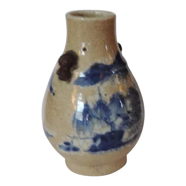 19th Century Chinese Blue & White Crackle Glaze Porcelain Landscape Decoration & Foo Dog Handle Vase For Sale