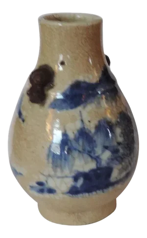 19th Century Chinese Blue & White Crackle Glaze Porcelain Landscape Decoration & Foo Dog Handle Vase