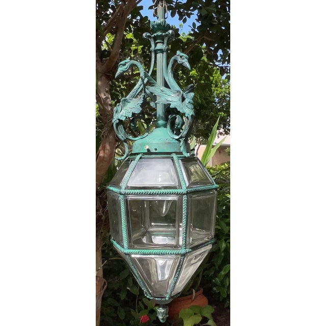 Antique Neoclassical Bronze Hanging Lantern / Pendent With Ornate Swan Motif For Sale - Image 16 of 17