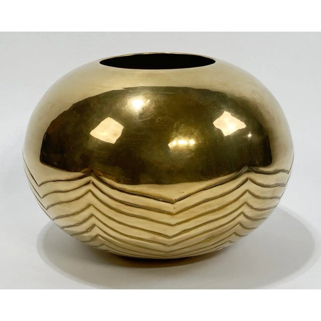 Vintage Postmodern Style Round Etched Brass Planter or Vase For Sale - Image 4 of 7
