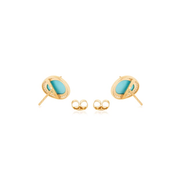 Metal 14k Gold 4.38 Ct Prong Set Turquoise Cabochon Diamond Halo Stud Earrings- A Pair For Sale - Image 7 of 11