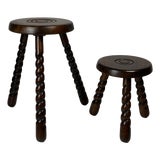 Mid-Century Modernist French Brutalist Wood Turned Tripod Stools, 1950s, Set of 2 For Sale