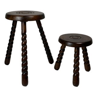 Mid-Century Modernist French Brutalist Wood Turned Tripod Stools, 1950s, Set of 2 For Sale