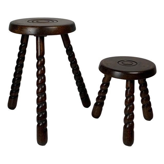 Mid-Century Modernist French Brutalist Wood Turned Tripod Stools, 1950s, Set of 2 For Sale