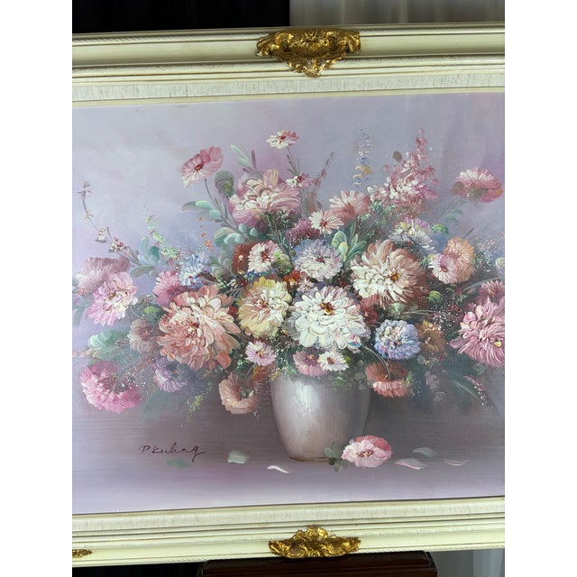 Mid-Century P. Keeling Large Impasto Floral Oil Painting in Ornate Frame, 43" X 31.5" For Sale In Phoenix - Image 6 of 12