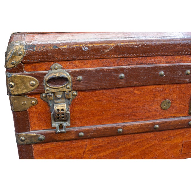 Oxblood Red Antique Flat-Top Steamer Trunk For Sale - Image 8 of 11