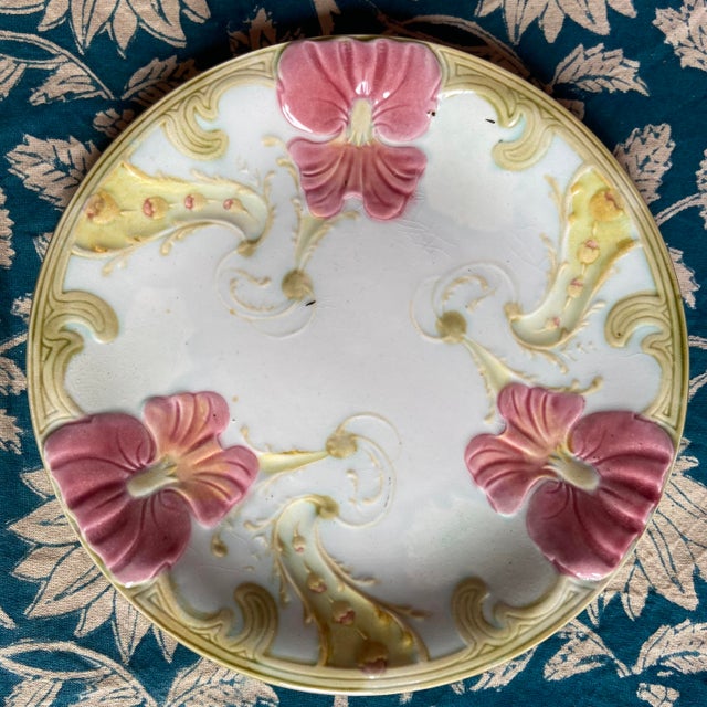 These are beautiful, poetic and rare Majolica dessert plates. The colors and pattern are tender and luminous. Rare to find...