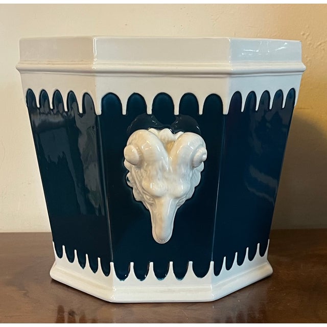 Mid-Century Modern Italian Mancioli Mid-Century Modern Ceramic Cachepot Planter With Ram's Head Handles For Sale - Image 3 of 13