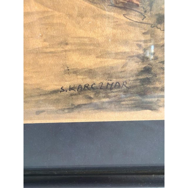 Vintage framed print by Simon Karczmar titled 'Blessing the New Moon.' This evocative piece captures Jewish shtetl life...