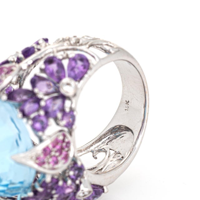 Metal Blue Topaz Amethyst Cocktail Ring Sz 7 18k White Gold Flowers Vines Fine Jewelry For Sale - Image 7 of 7