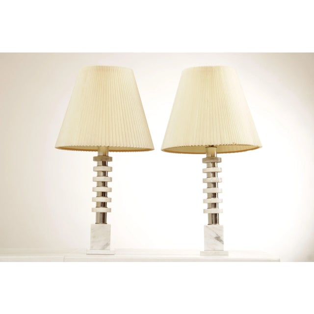 High Quality Vintage Geometric Form Marble and Chrome Lamps with Pleated Shades