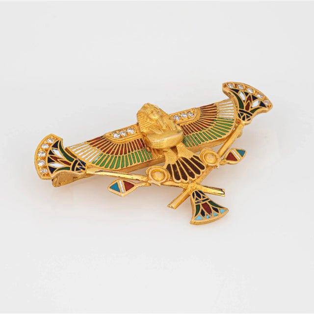 Traditional Egyptian Revival Pendant Brooch Pharaoh 18k Yellow Gold Diamond Enamel Art Deco For Sale - Image 3 of 4