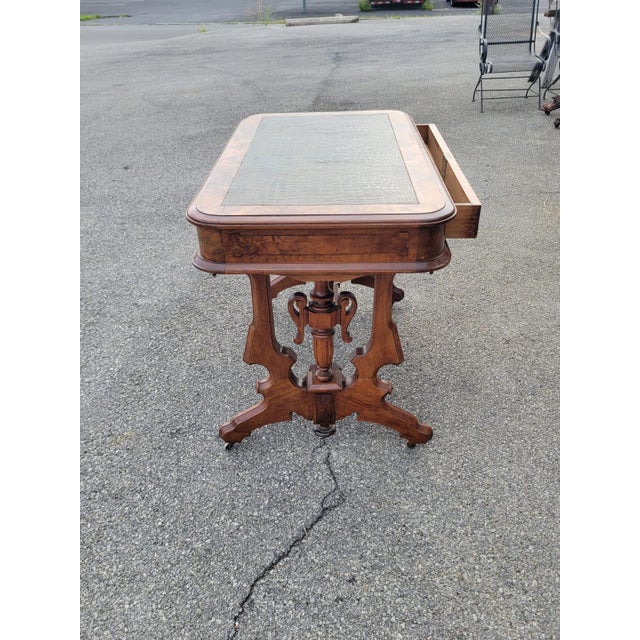 19th Century Victorian Walnut Renaissance Revival New Leather Table For Sale - Image 4 of 9