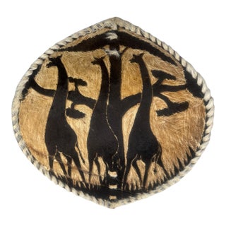 African Painted Animal Hide Shield Giraffe Safari Scene Braided Fur Edge Wall Art For Sale