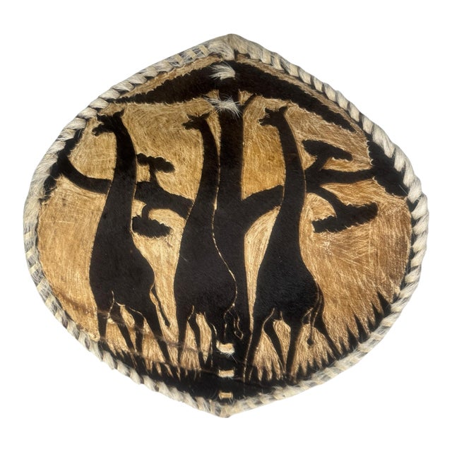 African Painted Animal Hide Shield Giraffe Safari Scene Braided Fur Edge Wall Art For Sale
