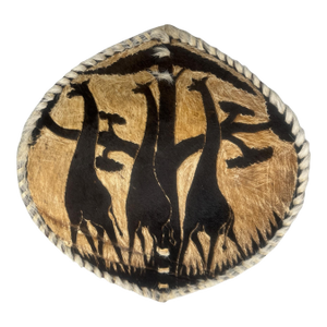 African Painted Animal Hide Shield Giraffe Safari Scene Braided Fur Edge Wall Art