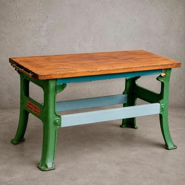 Metal Vintage Industrial Butchers Block Kitchen Island with Cast Iron Base For Sale - Image 7 of 7