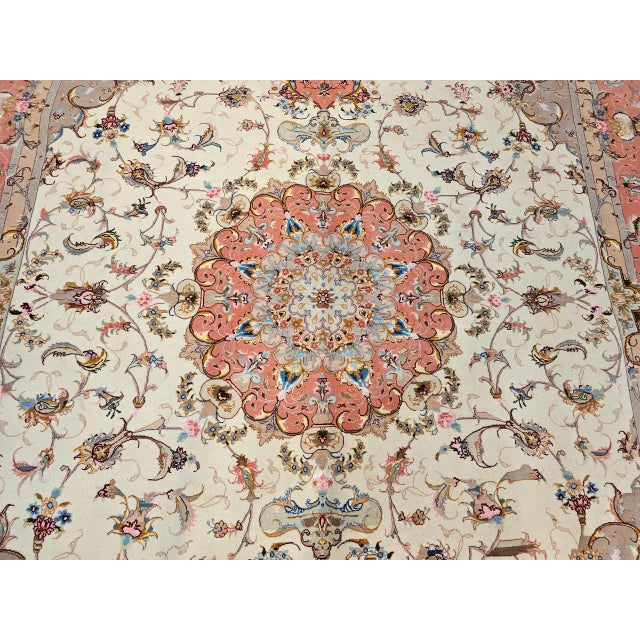 Persian Tabriz Rug, Hand-Knotted Wool & Silk, Fine Floral Pattern, Ivory & Salmon, 7x10 For Sale - Image 16 of 17