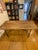 Restoration Hardware Flatiron oak distressed table with removable metal base on casters plus 6 Hudson Grey leather chairs...