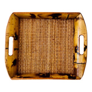 Vintage Tortoise Bamboo Tray With Handles For Sale