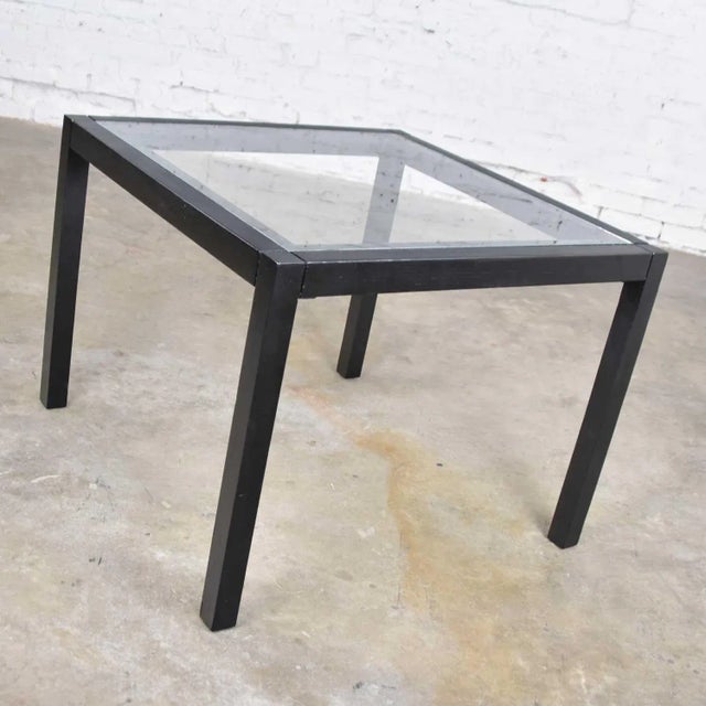 Vintage Modern Blackened Oak Square Parsons Style Side Table With Glass Top For Sale - Image 10 of 13