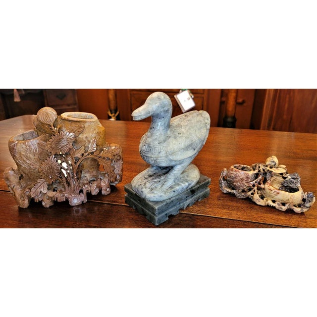 Early 20th Century Set of 3 Small Chinese Carved Soapstone Sculptures For Sale - Image 5 of 12