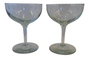 Vintage Etched "Chevron Oil Logo" Champagne Coupes - a Pair