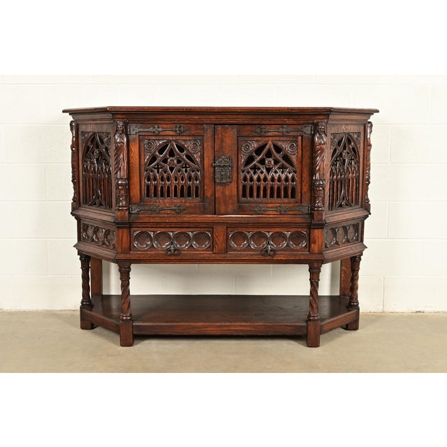 Antique French Gothic Revival Oak Bar Cabinet With Carved Figures, Circa 1890s For Sale - Image 15 of 15