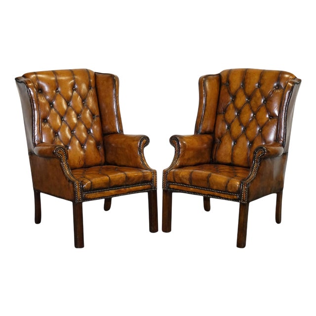 Set of Chesterfield Wingback Armchairs in Hand Dyed Brown Leather, 1960s For Sale
