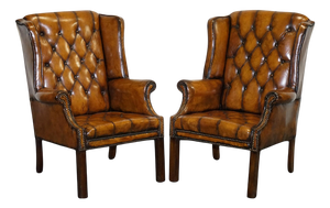 Set of Chesterfield Wingback Armchairs in Hand Dyed Brown Leather, 1960s