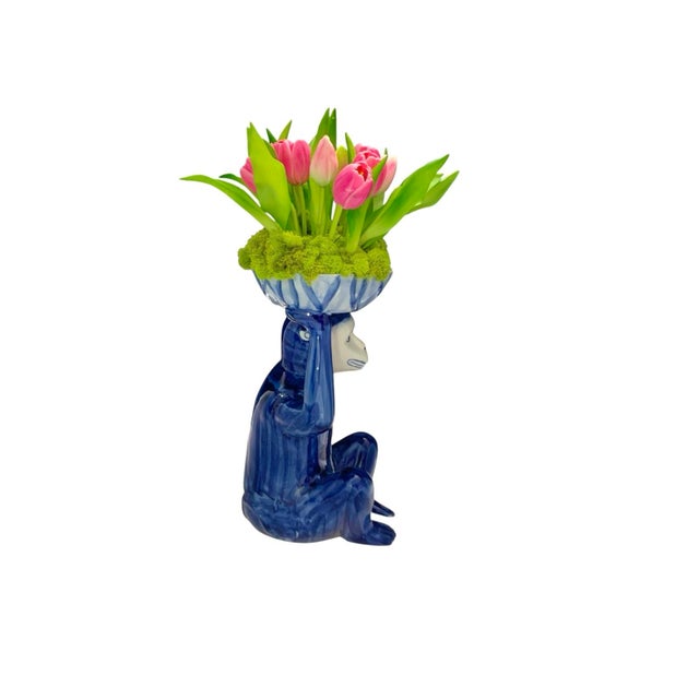 Early 21st Century Monkey Sculpture Large Porcelain With Faux Tulips Vintage Chinoiserie Decor For Sale - Image 5 of 8
