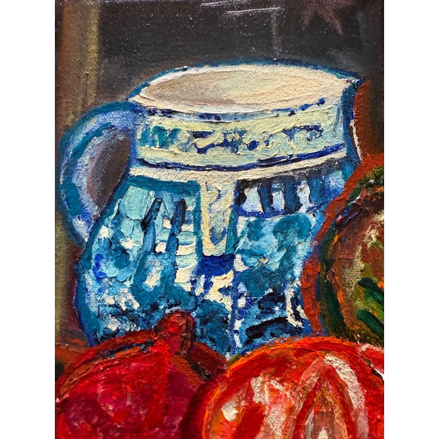 This oil painting is a modernist still life rooted in the early 21st century, drawing clear influence from Paul Cézanne in...