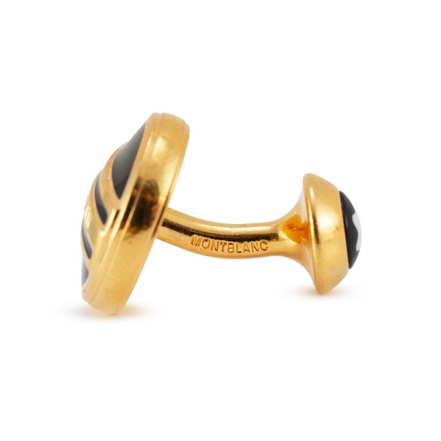 Men’s Retired Montblanc Gold Plated Black Enamel Round Cufflinks, Pair For Sale In Houston - Image 6 of 8