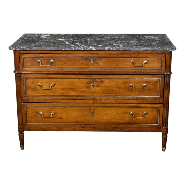 French Directoire Style 19th Century Walnut Commode with Grey Marble Top For Sale