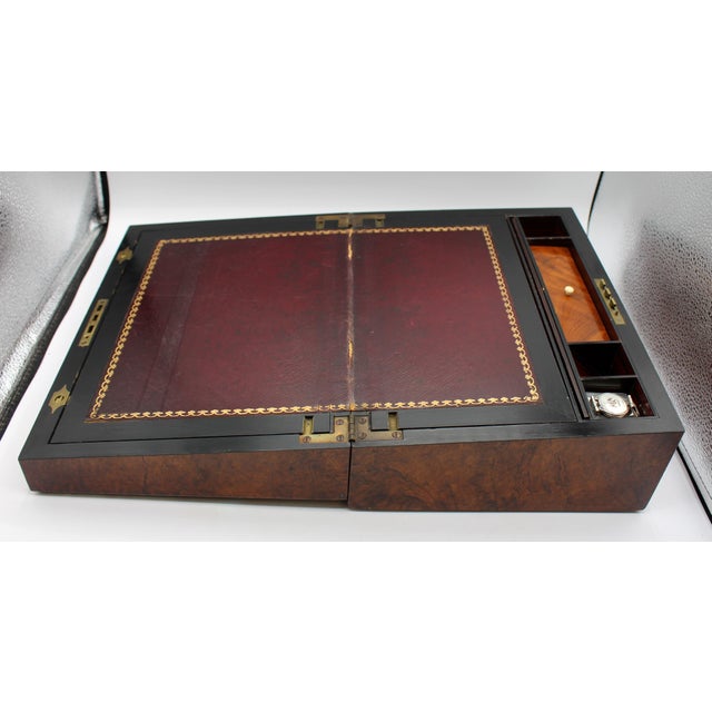 Brown C. 1860 English Inlaid Burl Wood Lap Desk Writing Box For Sale - Image 8 of 12