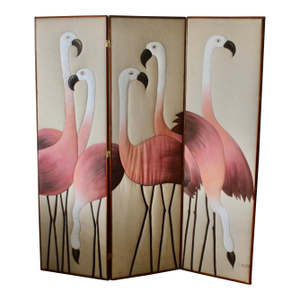 Vintage Hand Painted Flamingos Three Panel Screen Room Divider