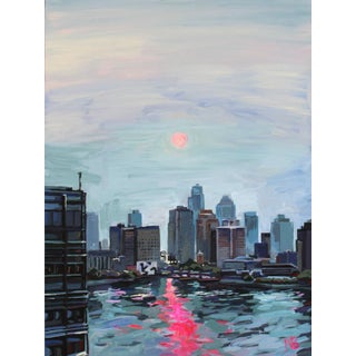 "Sun Behind Clouds Over NYC" Original Expressionist Cityscape Acrylic Painting by Natalia Bessonova For Sale