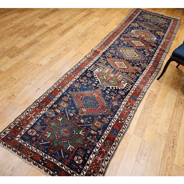 Textile Vintage Persian Heriz Serapi Runner Rug, Hand-Knotted Wool, Geometric Medallion Pattern, Navy, 3x12 For Sale - Image 7 of 16