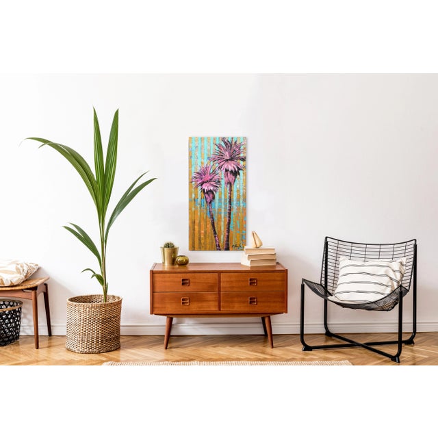 Pink Lollipop Palms - Original Modern Artwork With Turquoise and Gold Stripes on Canvas by Kathleen Keifer For Sale - Image 8 of 9