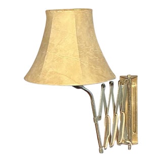 Vintage Brass Scissor Arm Wall Lamp With Original Fabric Shade, Circa 1960s For Sale