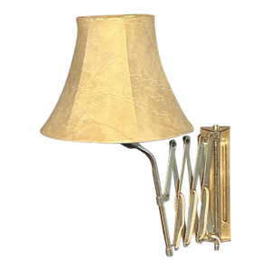 Vintage Brass Scissor Arm Wall Lamp With Original Fabric Shade, Circa 1960s