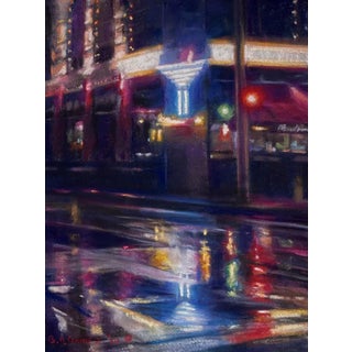 Paramount by Bruce A Gómez | Pastel Night scene with reflections on wet pavement and colorful lights. For Sale