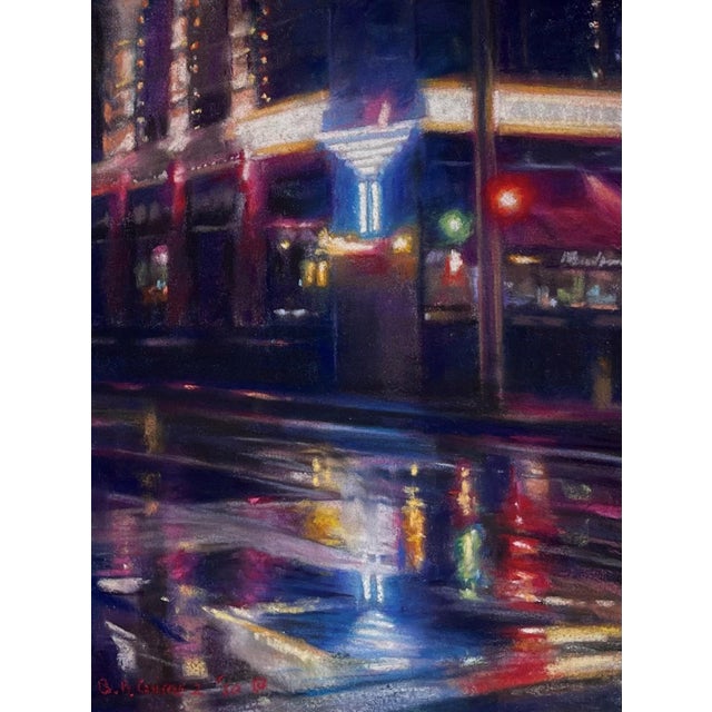 Paramount by Bruce A Gómez | Pastel Night scene with reflections on wet pavement and colorful lights. For Sale