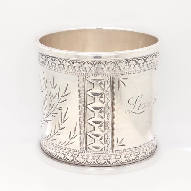 Silver Antique Victorian Heavy Gauged Sterling Silver Napkin Ring Engraved 'Lizzie' For Sale - Image 8 of 11
