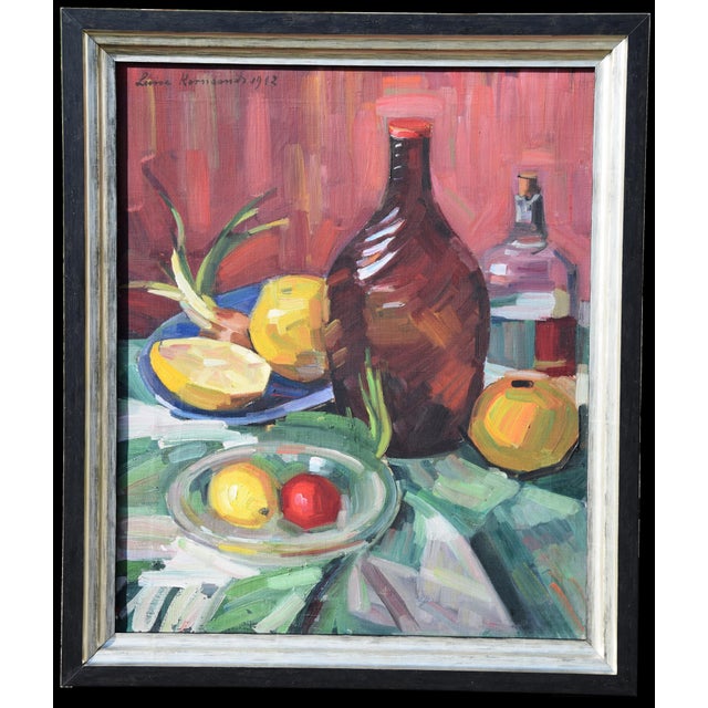 Luise kornsand 1876 wilferdingen – 1972 south dennis, ma (usa) still life with fruit and two bottles oil on canvas, framed...