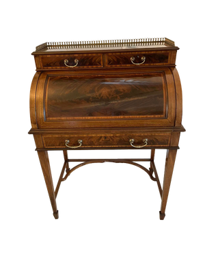 Antique Edwardian Mahogany Freestanding Inlaid Cylinder Desk by Maple & Co. London, 1900s
