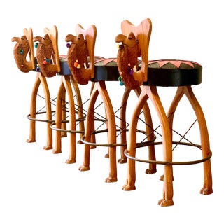 Vintage Boho Carved Camel Barstools For Sale