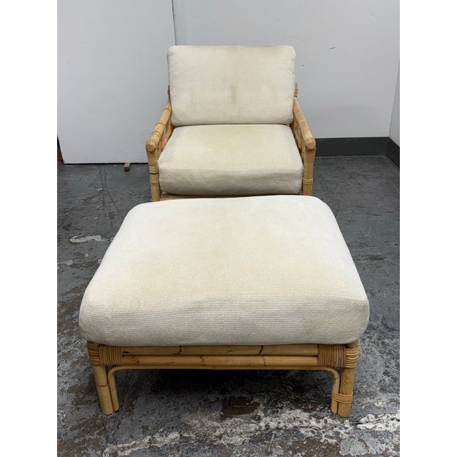 Design Plus Gallery presents a Vintage Italian Bamboo Armchair + Ottoman from Vivai Del Sud for Wicker Works. The bamboo...